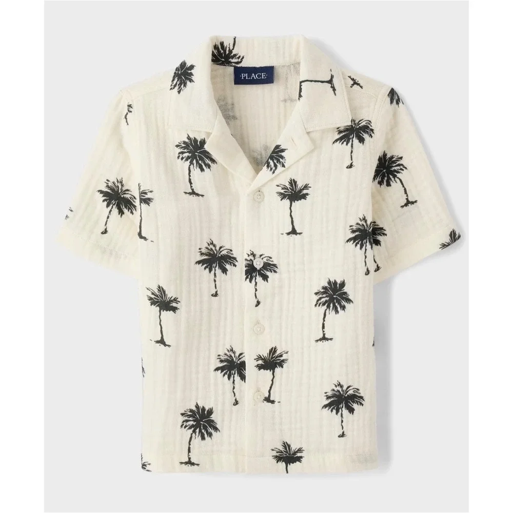 The Children's Place Boys Palm Tree Gauze Button-Up Shirt – Cream – XXL (16)